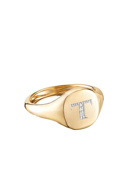 T Mini Pinky Ring, 18K Yellow Gold & Diamonds